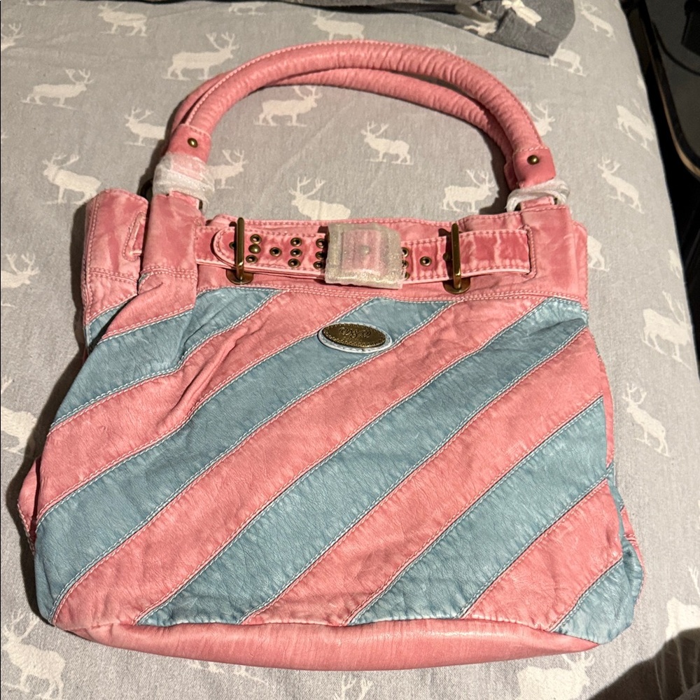 Elegant Pink and Blue Striped Shoulder Bag